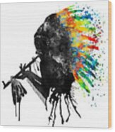 Indian Silhouette With Colorful Headdress Wood Print