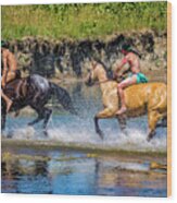 Indian Warriors Crossing Little Bighorn River Wood Print