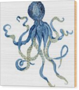Indigo Ocean Blue Octopus Wood Print