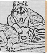 Ink Drawing Huskies Wood Print