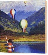 Irish Landscape With Girl And Balloons By Lake Wood Print