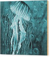 Jellyfish In Blue Wood Print