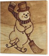 Joyful Snowman  Coffee Paintings Wood Print