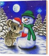 Koala With Snowman Wood Print