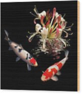 Koi With Honeysuckle Reflections Square Wood Print