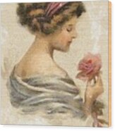 Lady With A Rose Wood Print