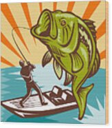 Largemouth Bass Fish And Fly Fisherman Wood Print