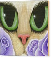 Lavender Roses Cat - Green Eyes Wood Print