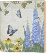 Le Petit Jardin 1 - Garden Floral W Butterflies, Dragonflies, Daisies And Delphinium Wood Print
