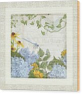 Le Petit Jardin 2 - Garden Floral W Dragonfly, Butterfly, Daisies And Blue Hydrangeas W Border Wood Print