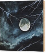 Lightning Sky At Full Moon Wood Print