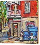 Little Italy Soccer Kids Paintings Depanneur Rue Dante Petite Italie Montreal Best Canadian Art Wood Print