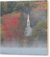 Little White Church Autumn Fog Wood Print