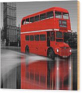 London Red Bus Big Ben Reflection Wood Print