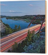 Long Exposure View Of Pennybacker Bridge Over Lake Austin At Twilight - Austin Texas Hill Country Wood Print
