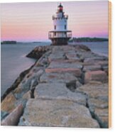 Maine Coastal Sunset Over The Spring Breakwater Lighthouse Wood Print