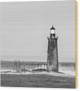 Maine Ram Island Ledge Lighthouse And Windy Surf In Bw Panorama Wood Print