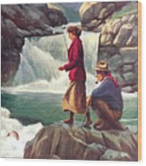 Man And Woman Fishing Wood Print