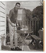 Man Grilling In Backyard, C.1960s Wood Print