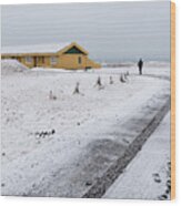 Man Walking In Snow Iceland Wood Print