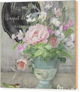 Marche Aux Fleurs 3 Peony Tulips Sweet Peas Lavender And Bird Wood Print