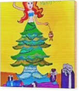 Mer-ry Christmas Mermaid Tree Wood Print