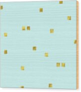 Metallic Square Confetti Print, Gold Squares On Aqua Wood Print