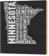 Minnesota Black And White Word Cloud Map Wood Print