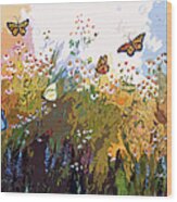 Modern Chamomille And Butterflies Wood Print