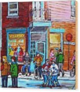 Montreal Winter Scene Bicycles And Hockey At Wilensky's Lunch Counter Canadian Art Carole Spandau Wood Print