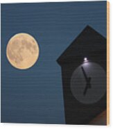 Moon And Clock Tower Wood Print
