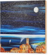 Moon And Stars Over The Village Wood Print