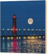 Moon Over Grand Haven Wood Print