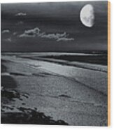 Moon Over The Estuary Monochrome Wood Print