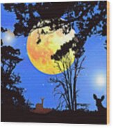 Moonlight Fantasy Forest With Deer Silhouettes Wood Print