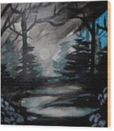 Moonlit Midnight Forest Wood Print