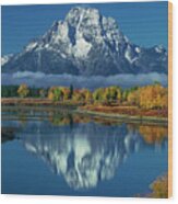 Morning Cloud Layer Oxbow Bend In Fall Grand Tetons National Park Wood Print