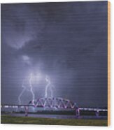 Muscatine Bridge Lightning Wood Print