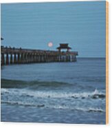 Naples Pier - Setting Moon Over The Pier Wood Print