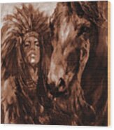 Native Woman With Horse Wood Print