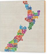 New Zealand Typography Text Map Wood Print