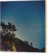 Night Sky Scene With Pine And Stars Wood Print