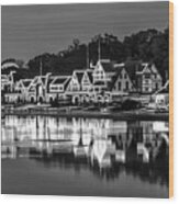 Nightshot Of Boathouse Row In  Philadelphia In Black And White Wood Print