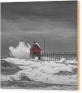 November Storm  With Flying Gull By The Grand Haven Lighthouse Wood Print