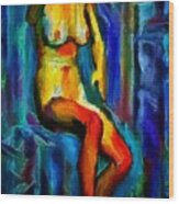 Nude Female Figure Portrait Artwork Painting In Blue Vibrant Rainbow Colors And Styles Warm Style Undersea Adventure In Blue Mythology Siren Women And Not Sensual Wood Print