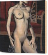 Nude Female Woman Kneeling With Cats Wood Print