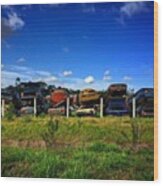 Old And Abandoned Vehicles In Junk Yard Wood Print