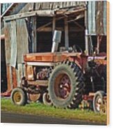 Old Red Tractor And The Barn Wood Print