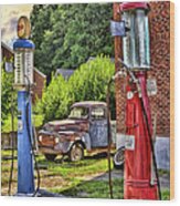 Old Time Vintage Gas Pumps Wood Print