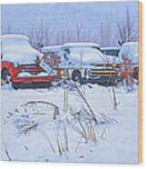 Old Trucks In Snow Wood Print